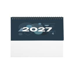 A desk calendar for 2027 featuring a dark blue background with abstract shapes and a white spiral binding.