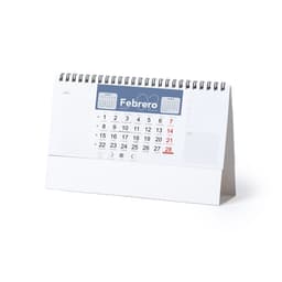 A desk calendar with a white background featuring dates for February 2027, spiral binding, and a logo on top.