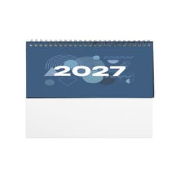 A desk calendar for 2027 featuring a blue background with abstract shapes and a wire spiral binding.