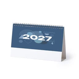 A desk calendar featuring a blue design with abstract shapes, displaying the year 2027. It has a spiral binding.