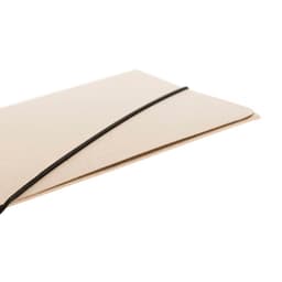 A beige folder with a black elastic band, designed for organizing documents, featuring a simple and sleek design.