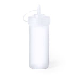 A drink bottle in transparent white with a nozzle cap and a thin flexible straw. It features a simple design and has a logo.
