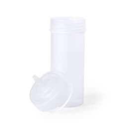 A drink bottle in translucent white plastic with a removable lid featuring a spout and an attached cap.