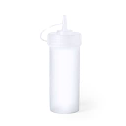 A drink bottle made of translucent white plastic with a squeeze top and nozzle. It features a simple design and has a logo.