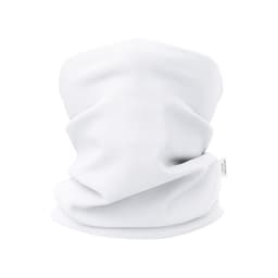 A white scarf with a soft, stretchy texture. The product features a logo tag on the side.