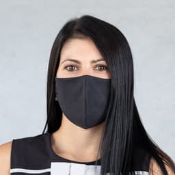 A reusable hygienic mask in black worn by a woman with long black hair, featured against a muted background.