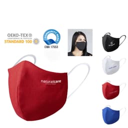 Reusable hygienic masks in red, black, white, and blue with ear loops and a logo on some masks.