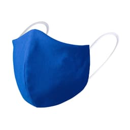 A blue reusable hygienic mask with elastic ear loops and a smooth fabric finish. Features a logo.