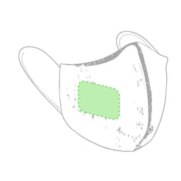 A medium reusable hygienic mask in white with a green patch, featuring ear loops and a simple design.