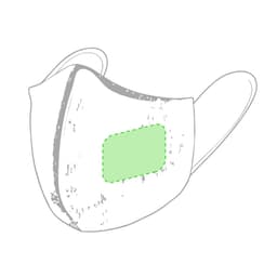 A medium reusable hygienic mask in white with a green patch and ear straps. The product has a logo.