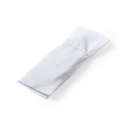 A white pouch with a fold-over flap, featuring a simple design and a logo.