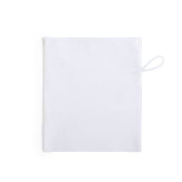 A white pouch with a looped handle, featuring a plain design and no additional details or branding.