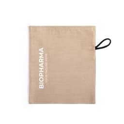 A beige pouch featuring a logo and branding, with a convenient loop for carrying.