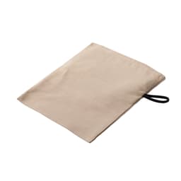 A beige pouch made of fabric, featuring a black tie closure and a simple design. It has a small logo.