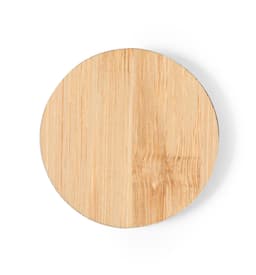 A round bamboo coaster with a smooth, natural wood finish. It features a light tan colour and has a simple design.
