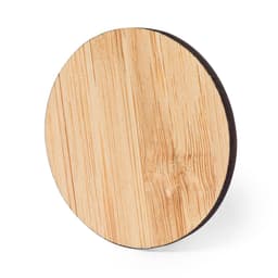 A round wooden lapel pin featuring a light wood finish with a smooth surface and a dark edge.