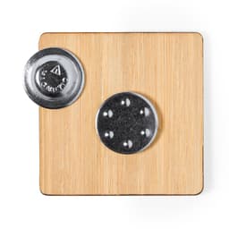 A square bamboo backer with two metal lapel pins attached, featuring a shiny silver finish.