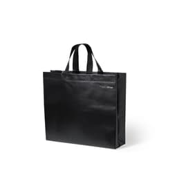 A black, reusable bag with two handles and a logo on the side. Suitable for carrying various items.