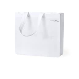 A large white tote bag with sturdy handles and a discreet logo. Made from 70% recycled material.