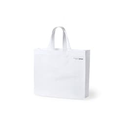A white tote bag with two handles and a logo on one side. Ideal for various carrying needs.