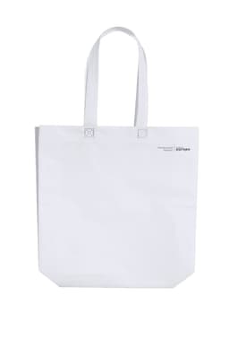 A white tote bag with double handles and a logo on one side. The bag is spacious and has a minimalist design.