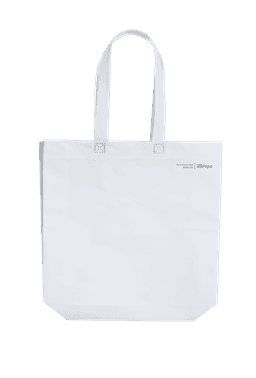 A white tote bag with two handles and a logo, designed for promotional use.