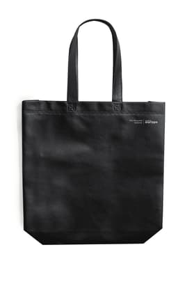 A black tote bag with two handles and a small logo on the side.