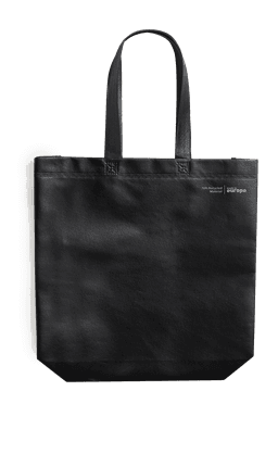 A black tote bag with two handles, featuring a logo and a flat bottom for stability.