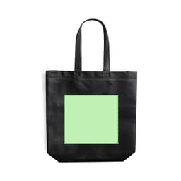 A black tote bag featuring a large green square design. The bag has two sturdy handles and a simple, sleek appearance.