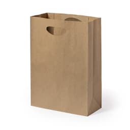 A brown paper bag with a sturdy design and handles, featuring an unprinted surface and a rectangular shape.