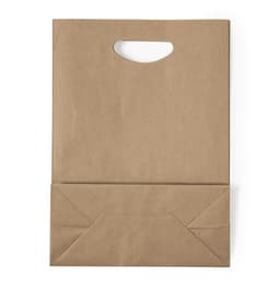 A brown paper bag with a handle and a flat bottom, featuring a simple design and a logo.