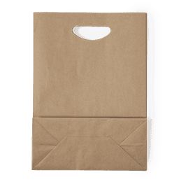A brown paper bag with a cut-out handle and a reinforced bottom fold. It features a simple design and is unbranded.
