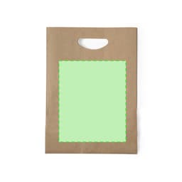 A brown paper bag with a cut-out handle and a blank green area for customisation. It features a brand logo.