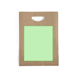 A brown paper bag with a handle, featuring a blank green rectangular area for custom designs.