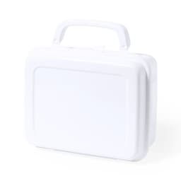 A white lunch box with a handle, featuring a simple, rectangular design and a smooth surface.