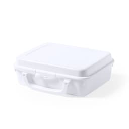 A white lunch box with a handle, featuring a square shape and a secure lid. It has a logo on the side.