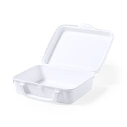 A white lunch box with a handle and an open lid, featuring a simple, rectangular design.