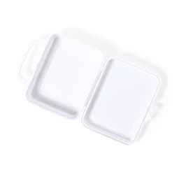 A white lunch box with a handle, featuring a two-compartment design and a smooth interior. It has a logo on the outside.