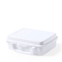 A white lunch box with a handle, featuring a simple, rectangular design. It has a smooth surface and a secure lid.