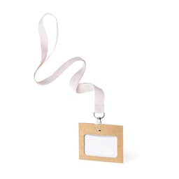 A name badge featuring a clear plastic insert and a pale pink lanyard for attachment. The badge has a brown frame.
