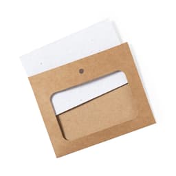 A brown and white eco-friendly envelope featuring a cut-out window, with a textured paper design.