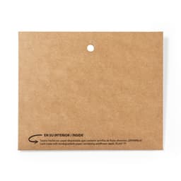 A brown card made from biodegradable paper with a hole punch for attachment. Features information in multiple languages.