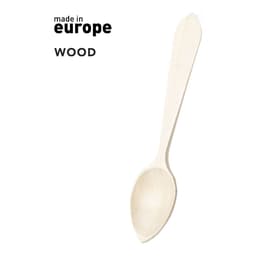 A wooden spoon in a light shade, featuring a simple design and a logo indicating it is made in Europe.