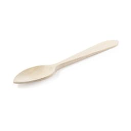 A wooden spoon in a light, natural finish, featuring a smooth design and rounded edges. It has a simple branding logo.