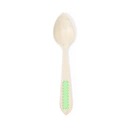 A wooden spoon with a light natural finish and a green accent on the handle. It has a logo on the handle.