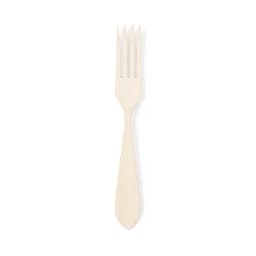 A wooden fork in a natural colour, featuring four tines and a smooth handle. The product includes branding.