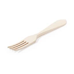 A biodegradable fork in a natural beige colour. The design features four tines and a smooth handle.