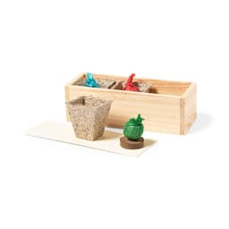 A wooden gift box containing three small seed pots and colourful seed packets.