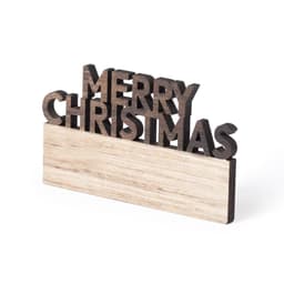 A wooden Christmas decoration featuring the words "Merry Christmas" in a dark finish on a light base.