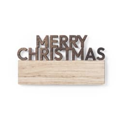 A wooden decoration featuring the words "Merry Christmas" in a dark finish, placed on a light wooden base.